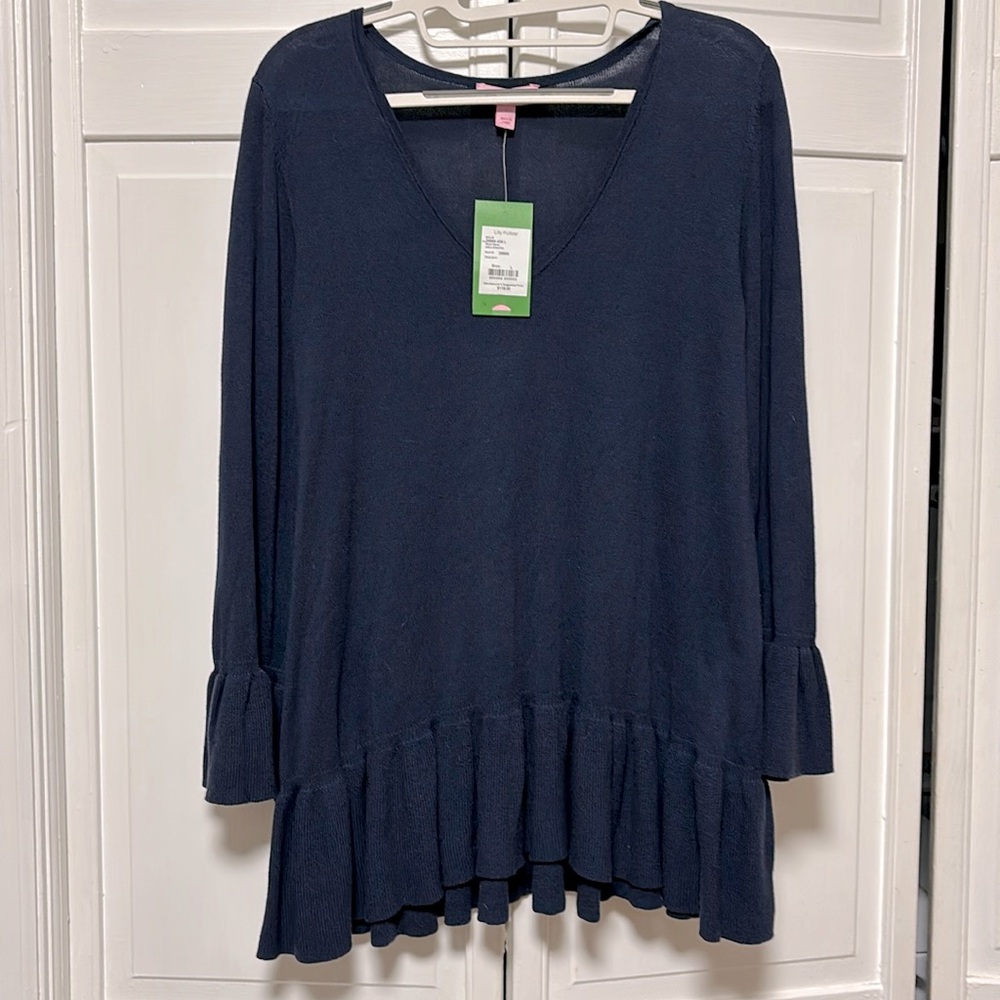 Lilly Pulitzer navy lightweight sweater NWT size large ruffled sleeve/bottom